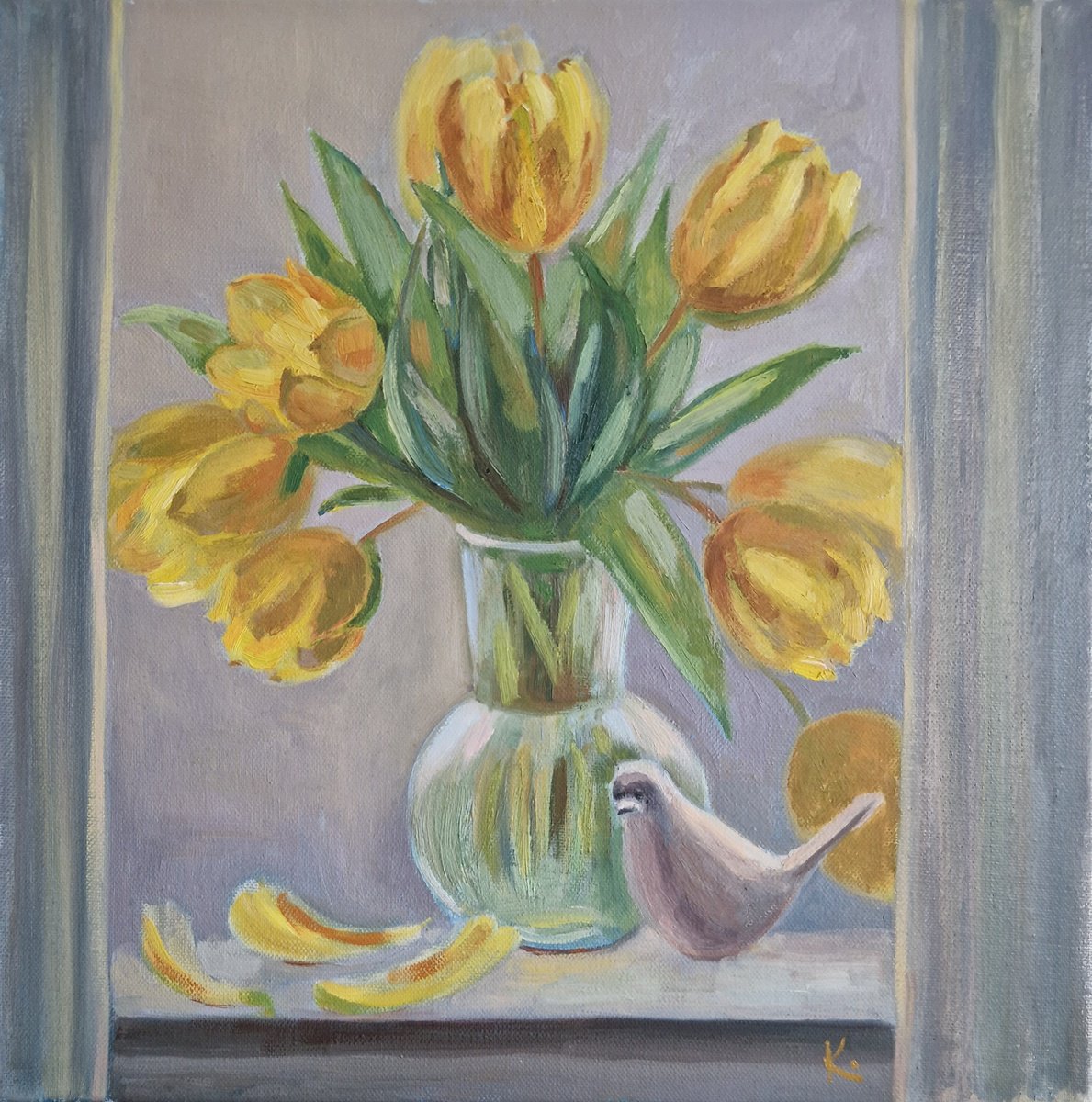 Still life of bouquet with yellow tulips Spring mood by Olena Kolotova