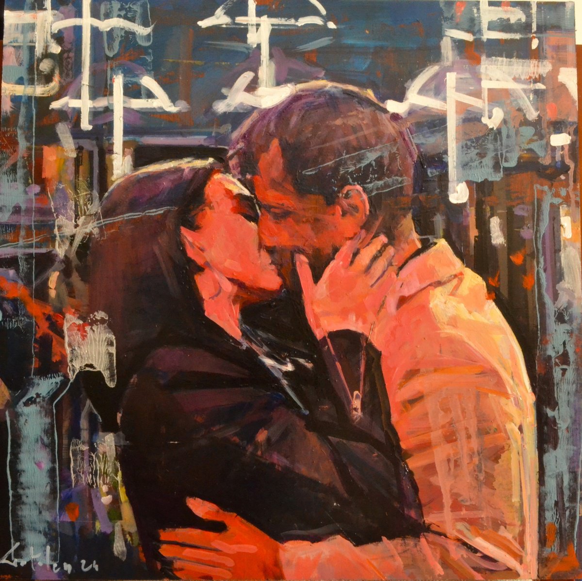 Impressionistic Portrait Oil Painting By Marco Ortolan, 17 X 17", Ecstasy Of Love, Original Artwork