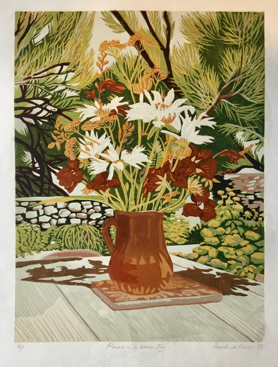 Flowers in a brown jug by Rosalind Forster