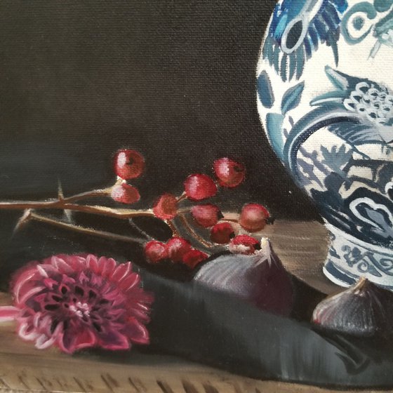 Vase with wildflowers. Original Oil Painting on Canvas. Performed in traditional technique of Old Masters from the Dutch Golden Age.