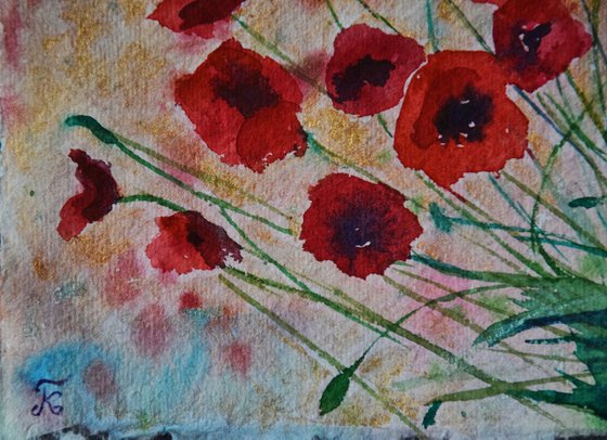 Floral watercolor painting on craft paper Red poppies with golden sky