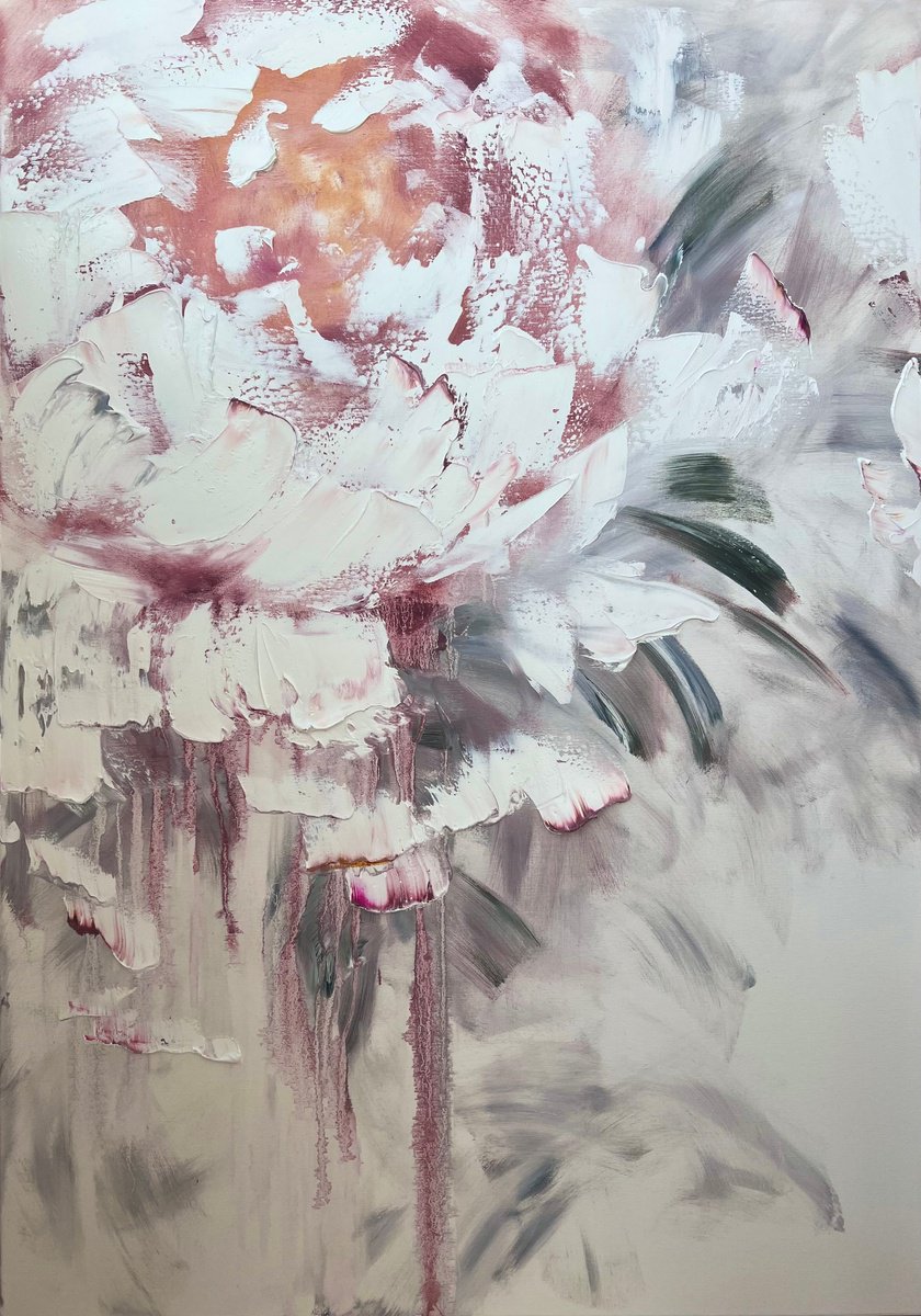 New life 1 - texture art flowers, light abstract impasto painting. by Marina Skromova