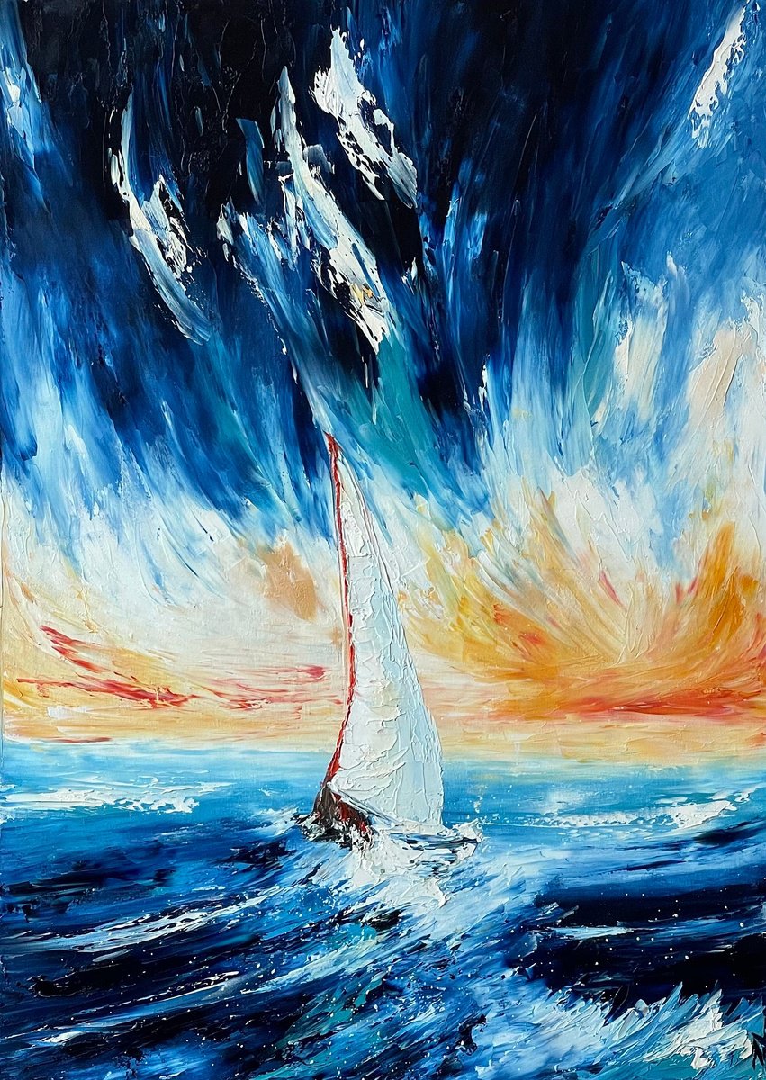 Expressive Landscape Oil Painting By Anastasiia Novitskaya, 20 X 28, Sail Through The Wave, Original Artwork