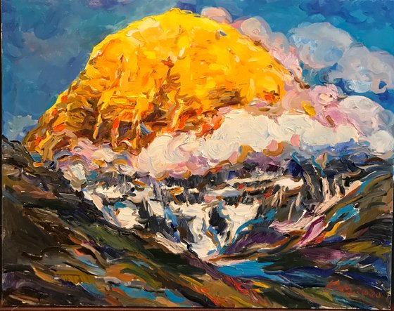 HIMALAYAS.  KAILASH MOUNT - landscape art, mountainscape, mountain, yellow sunset over the mountains 72x91