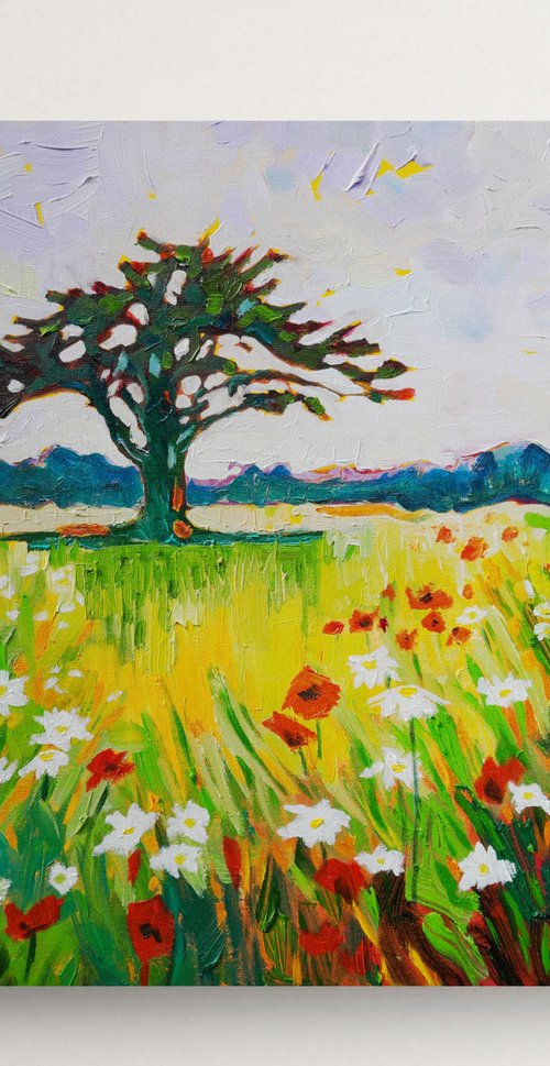 Poppies, Daisies, Tree by Mary Kemp
