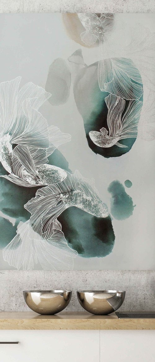 "Immensity" Abstract teal silver fish art by Marine Boiko