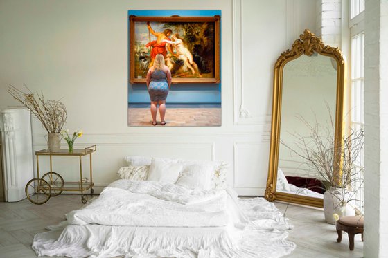 You are Venus too! You are Goddess! Large original female portrait Body positivity woman art. Woman in museum with Venus and Adonis painting by Peter Paul Rubens. Art Gift