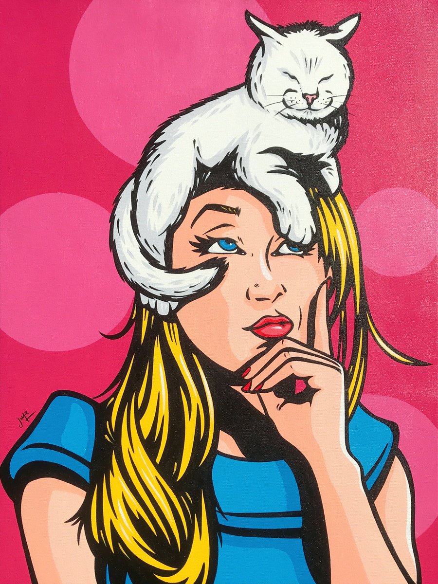 Urban And Pop Portrait Acrylic Painting By Jamie Lee, 24 X 31, Cat On A Hot Blonde Head, Original Artwork