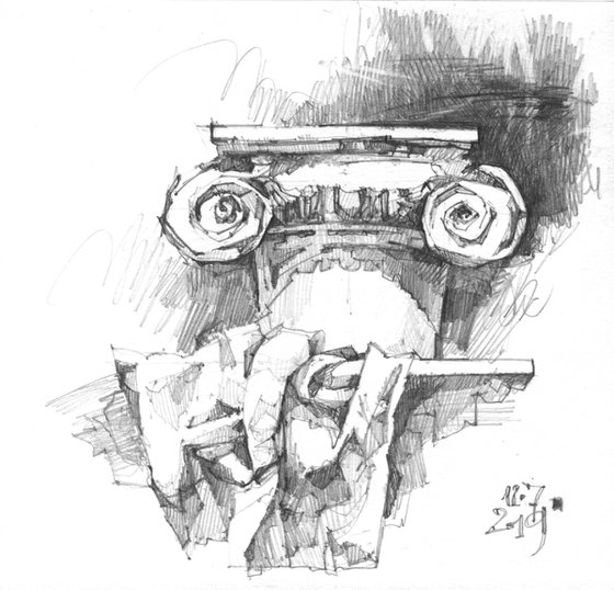 "Architectural sketch" original pencil drawing - still life with a column and drapery