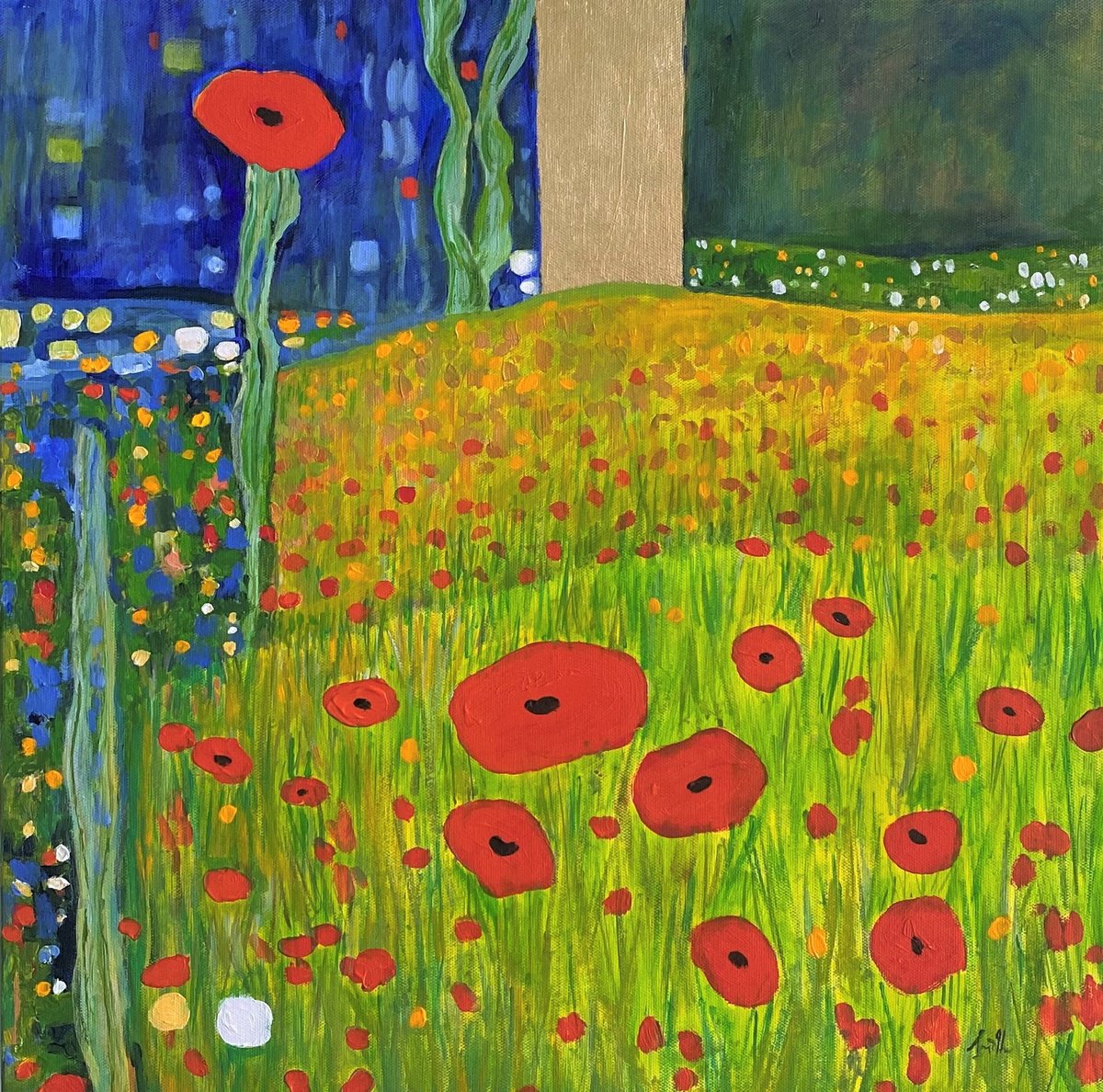 Contemporary Abstract Poppies & Gold Leaf Landscape. by Jackie Smith