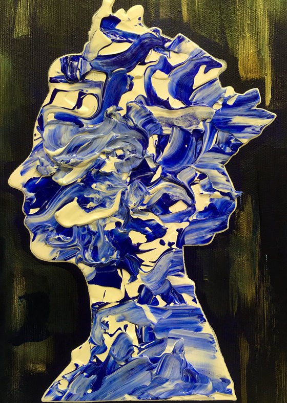 Queen # 81 on deep blue , white and ultramarine Marble Pattern  PAINTING INSPIRED BY QUEEN ELIZABETH PORTRAIT