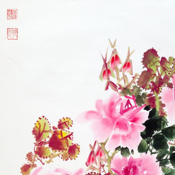 Pink Roses - Oriental Chinese Ink Painting