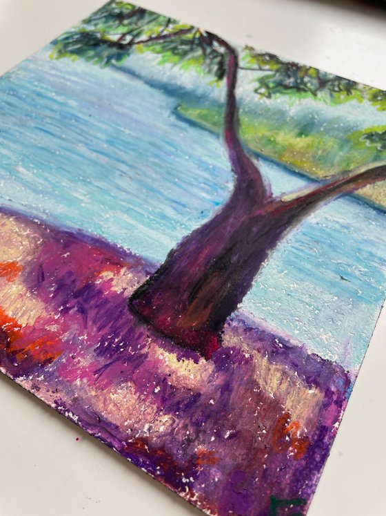 Sea Original Painting, Tree and Beach Oil Pastel Drawing, Seascape Art, Coastal Home Decor
