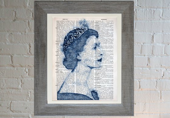 Queen Elizabeth II - Collage Art on Large Real English Dictionary Vintage Book Page