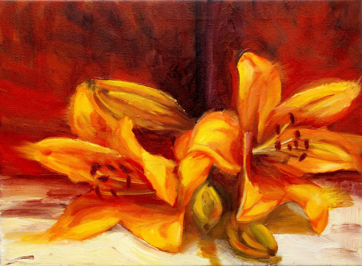 Impressionistic Botanical Oil Painting By Elena Sokolova, 16 X 12, Lilies, Original Artwork