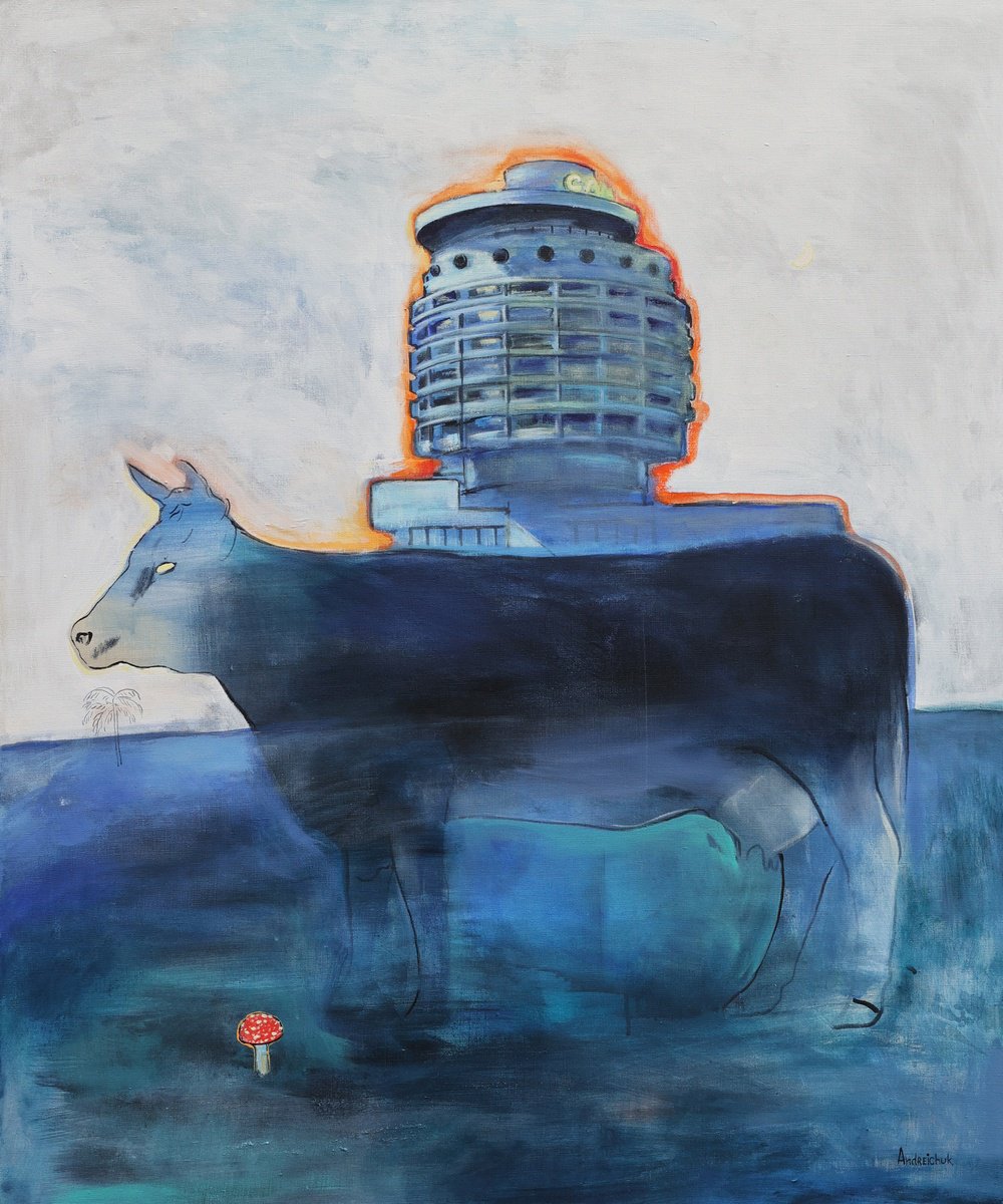 Impressionistic Landscape Acrylic Painting By Artem Andreichuk, 39 X 47, Cow And Hotel Salut, Original Artwork