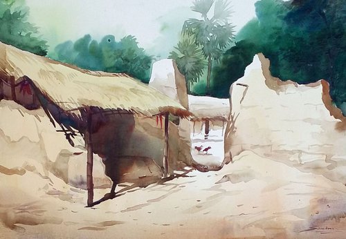 Morning Bengal Village-Watercolor on paper by Samiran Sarkar