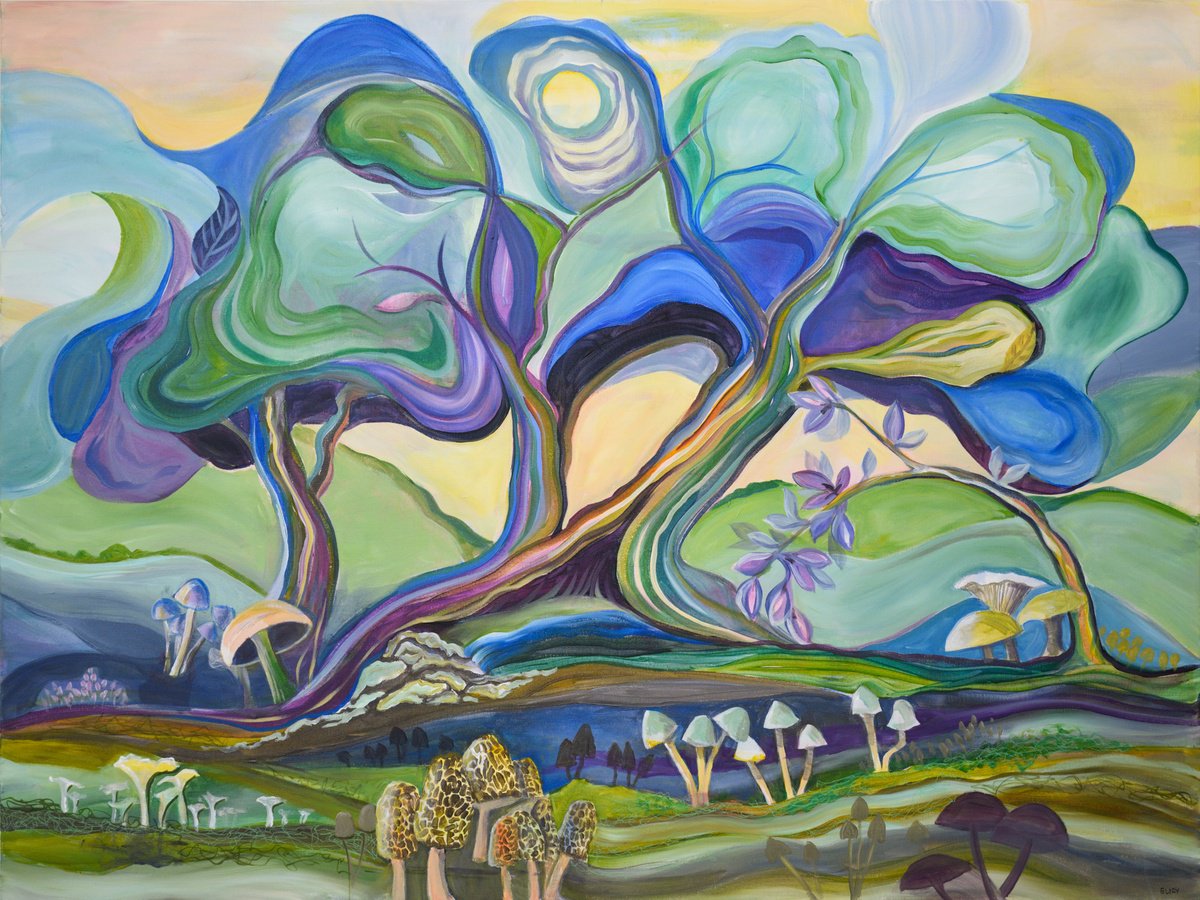 Geometric Landscape Acrylic Painting By Eliry Arts, 48 X 36, Mushroom Community, Original Artwork