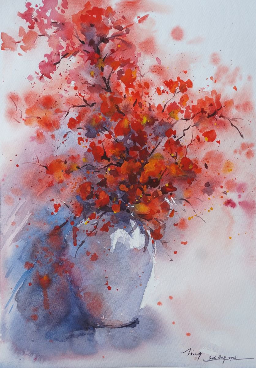 Impressionistic Botanical Watercolour By Jing Chen, 16 X 22, Shade Of Red 4, Original Artwork