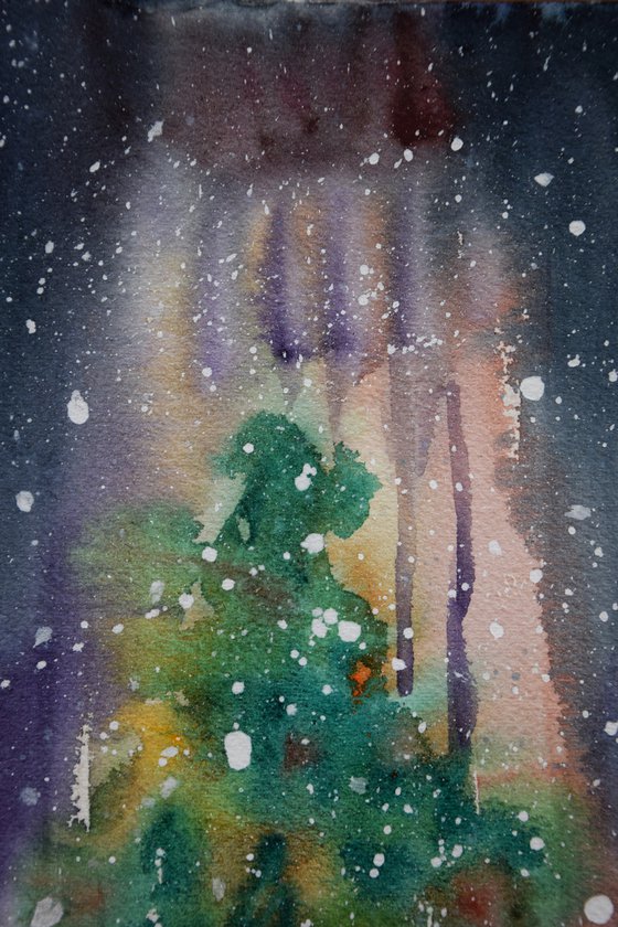 Winter New York watercolor painting, New Year Rockefeller Center, original abstract cityscape, snowy Manhattan