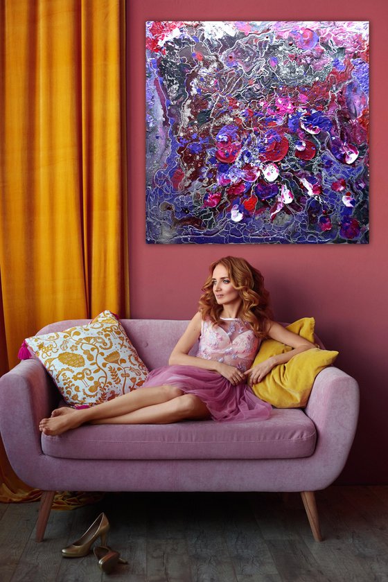 Rose soul - 100x100 cm Large abstract painting. Burgundy lilac wall art