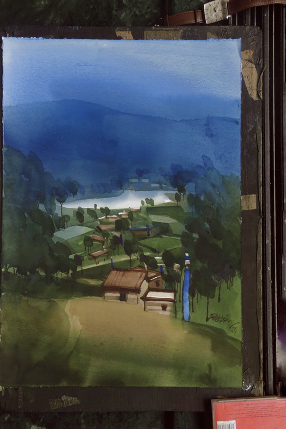 Shining lake, misty blue