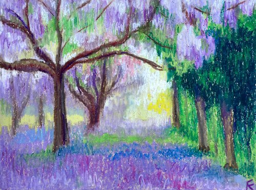 Garden Original Painting, Purple Tree Oil Pastel Drawing, Floral Wall Art, Gift for Her by Kate Grishakova