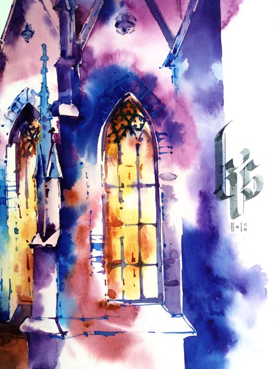 "Gothic cathedral in the evening" original watercolor painting in bright colors