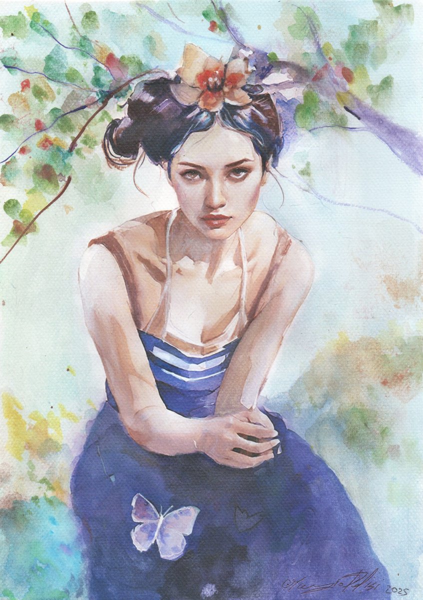 Impressionistic Portrait Drawing By Maurizio Puglisi, 8 X 11", Blue, Original Artwork