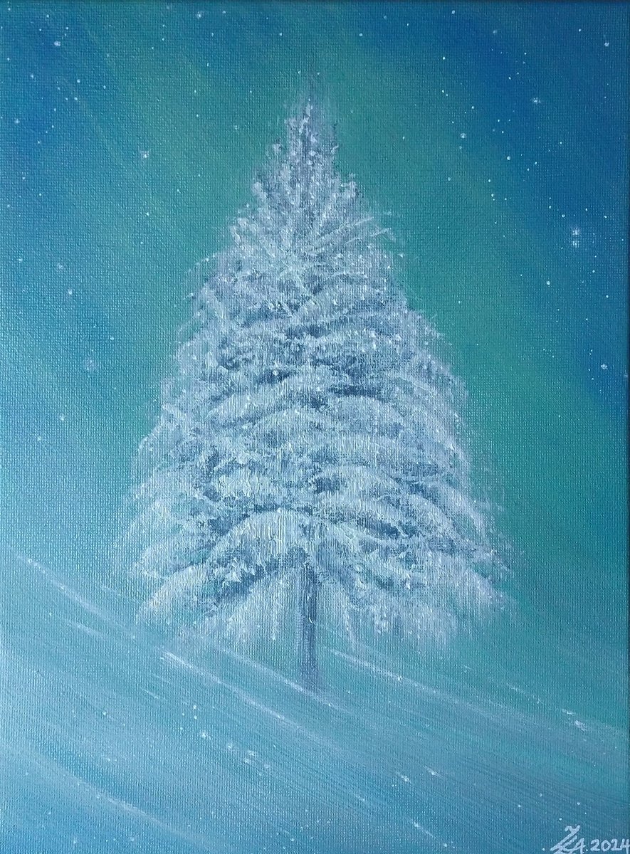 Frozen. Frozen tree/ northern lights painting by Zoe Adams. by Zoe Adams