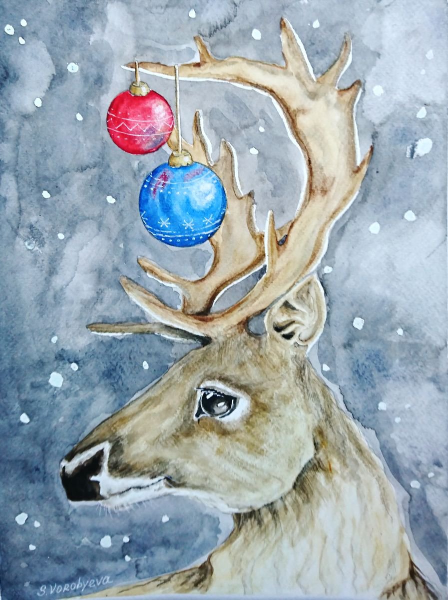 Reindeer. Watercolor portrait painting. by Svetlana Vorobyeva