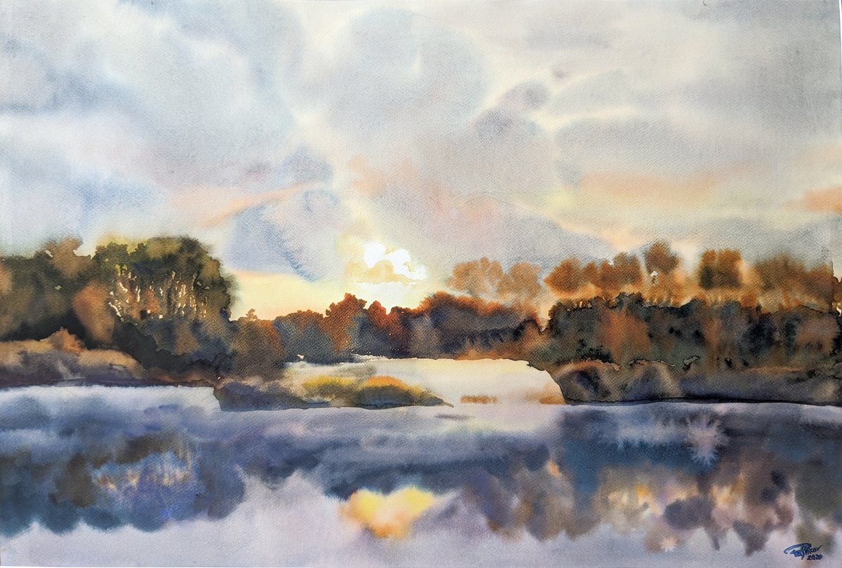 Impressionistic Botanical Watercolour By Yurii Pashkov, 31 X 22", The Sunrise Is Blazing, Original Artwork