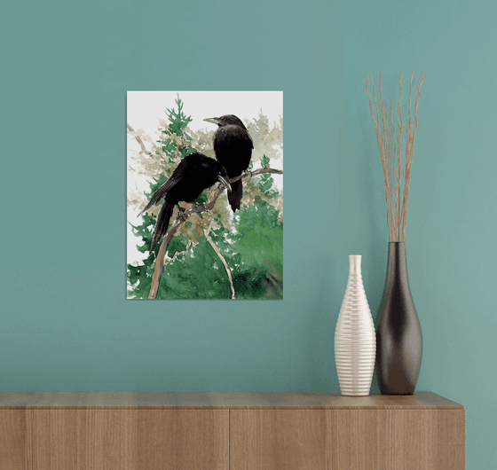 Two Crows in the Pine Forest