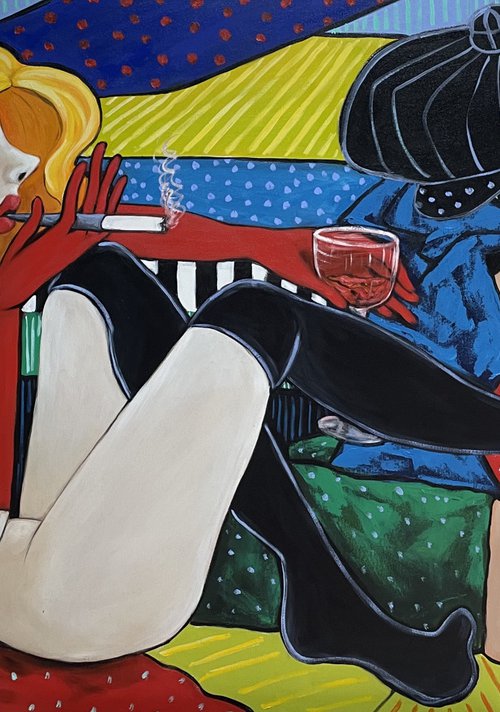 Lady in red playing footsie by Ta Byrne