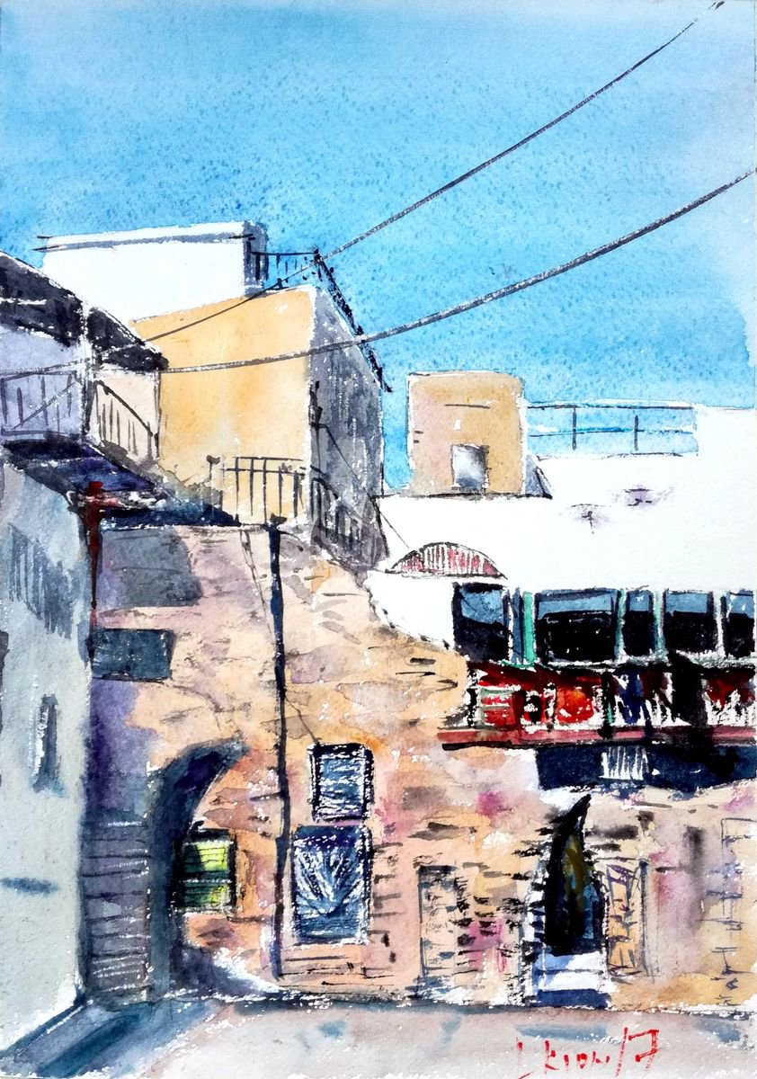 Impressionistic Cityscapes Watercolour By Leonid Kirnus, 12 X 17", Old Acre Sunny Day, Original Artwork