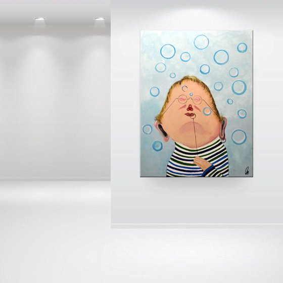 Mr Bubbles Abstract Acrylic Painting Whimsical Art Oversized Painting Blue Art Ready to Hang