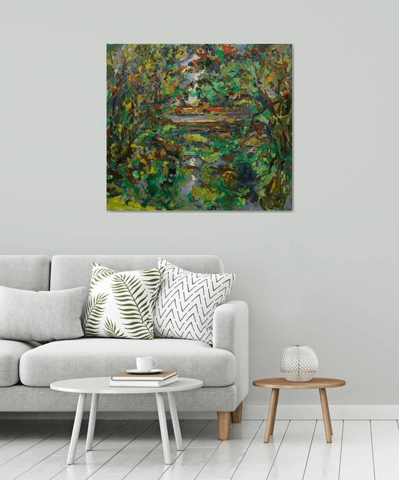 LANDSCAPE. SUMMER - original painting, nature, green Moscow park, size 90x100