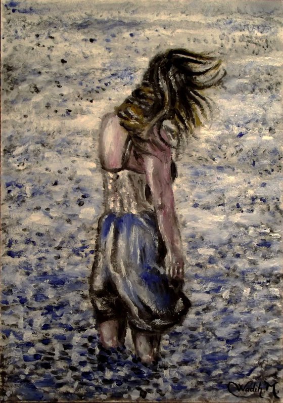 RAINY LAKE GIRL IN MEDITATION - Thick oil painting - 29.5x42 cm
