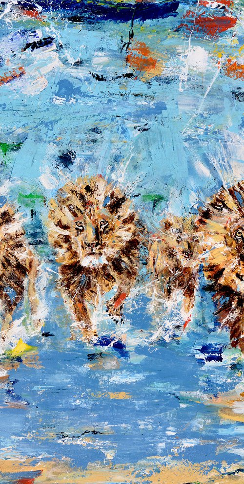 LIONS: RUNNING WITH LIONS - WILD CATS - 100 X 120 CM| 39.37" X 47.24" BY OSWIN GESSELLI by Oswin Gesselli