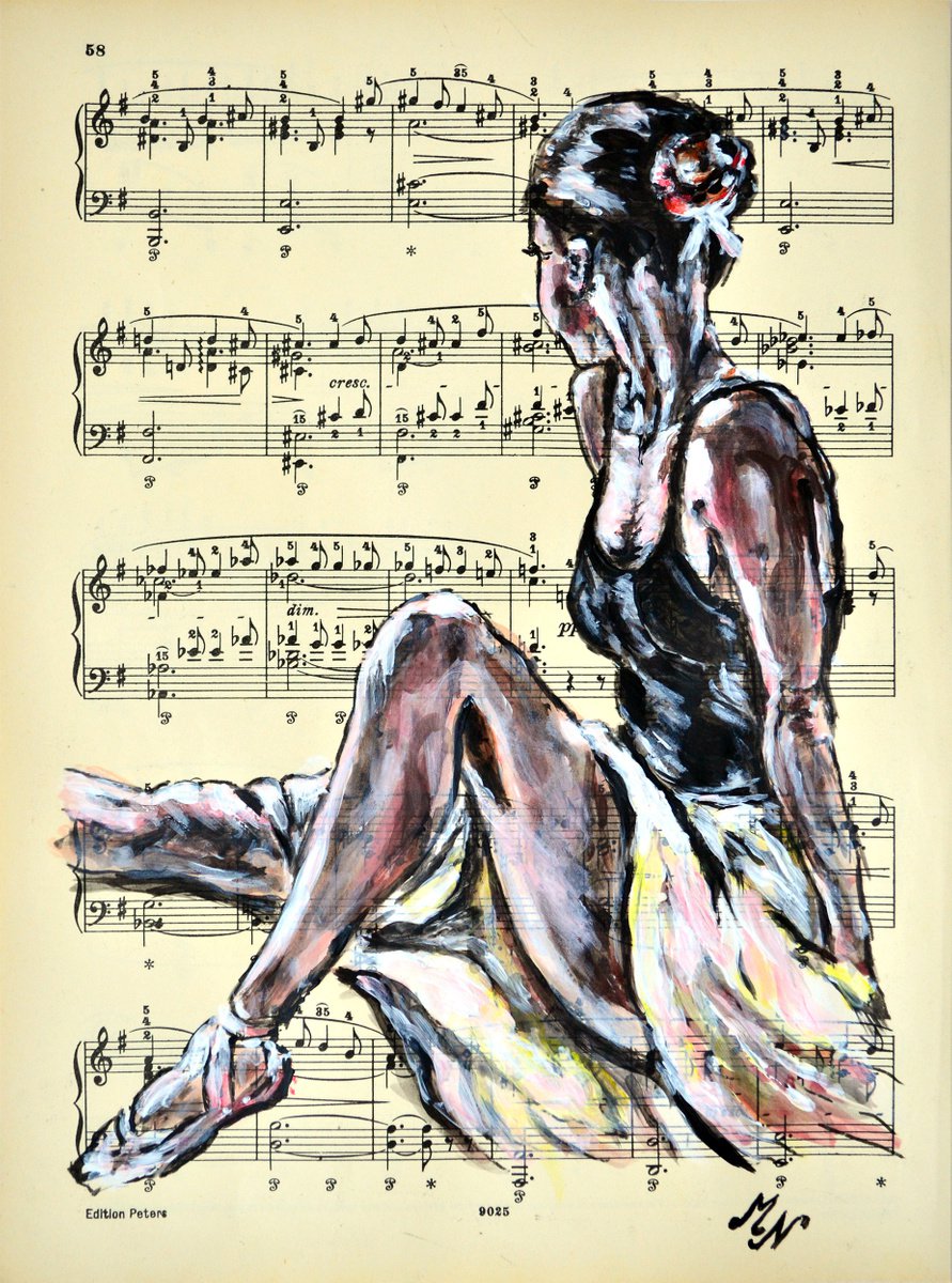 Expressive Portrait Collage By Misty Lady - M. Nierobisz, 8 X 11", Ballerina Xxiii - Music Page, Original Artwork