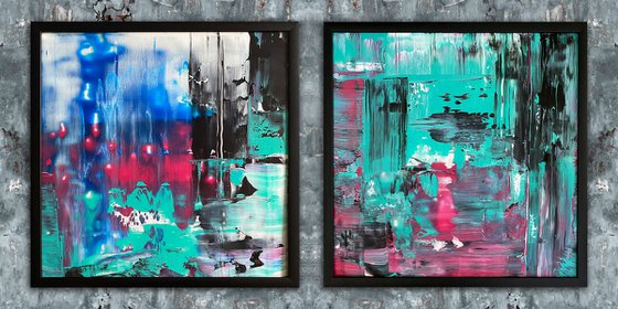 "Swipe Left" - Save As A Series - Original PMS Abstract Diptych Acrylic Paintings On Plexiglass, Framed - 52" x 26"