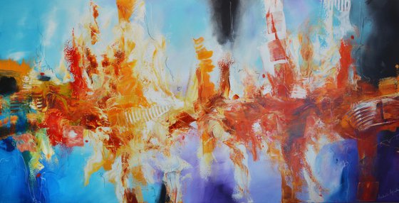 Abstract large painting - Volcano Tide Times - red, blue and yellow long abstract painting