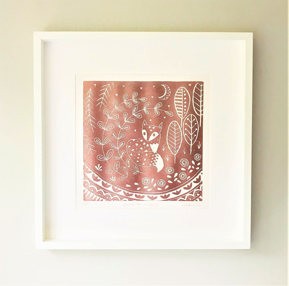 Daniel Fox in bronze, limited edition scandinavian folk art linocut print by Katie Farrell