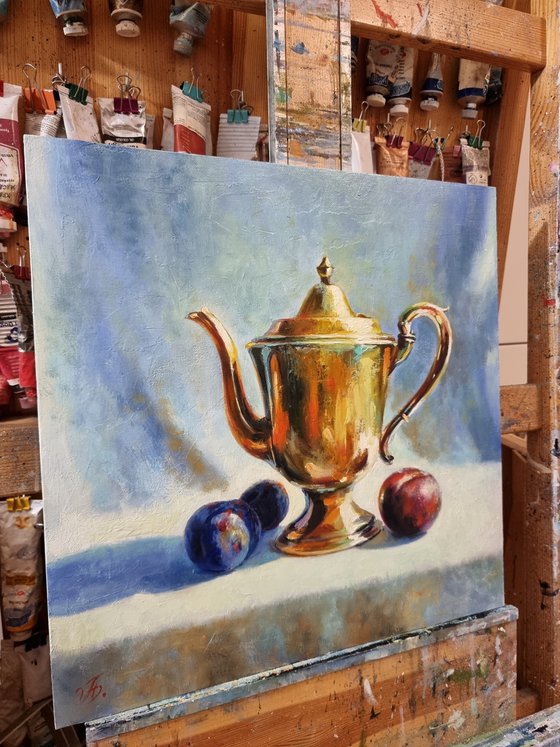 "Teapot and plums. "   still life  liGHt original painting  GIFT (2022)