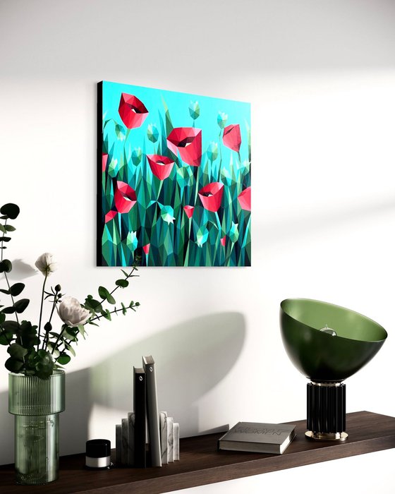 SCARLET POPPIES ON A TURQUOISE BACKGROUND