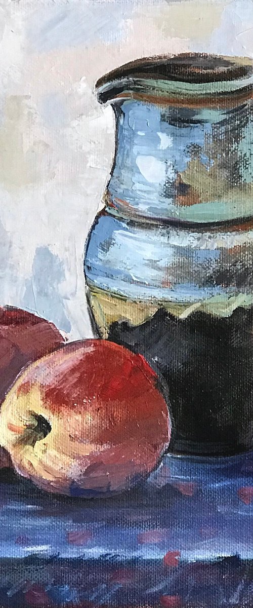 Still life apples and jug on table 22x27 cm by Leysan Khasanova