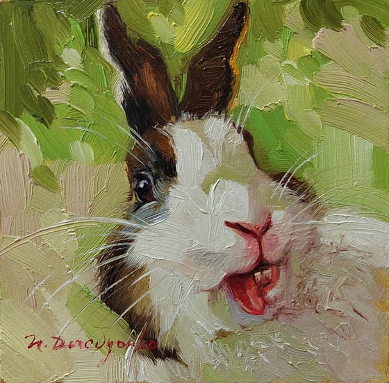 Cute rabbit oil painting original art 10x10 cm, White black Bunny illustration wall art