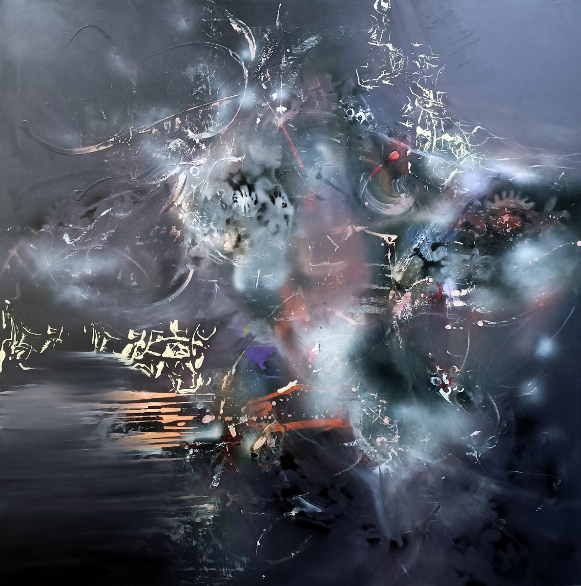 Expressive Abstract Acrylic Painting By Kloska Ovidiu, 47 X 47", Gathering The Night Nectar, Original Artwork