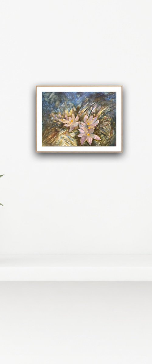 Crocuses small original miniature painting artwork by Roman Sergienko