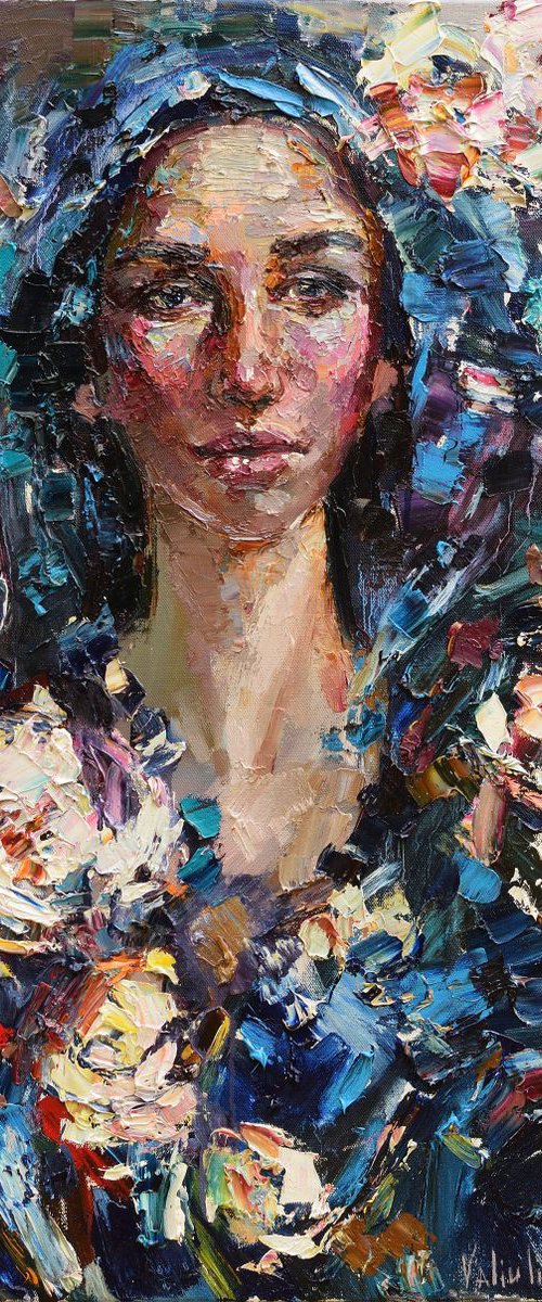 Russian girl in a headscarf Original abstract portrait painting on canvas 50 x 80 cm Palette knife by Anastasiia Valiulina